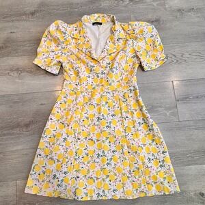 Trendyol Lemon Floral Puff Sleeve Collared Dress Yellow Pink Size‎ 40 Medium M